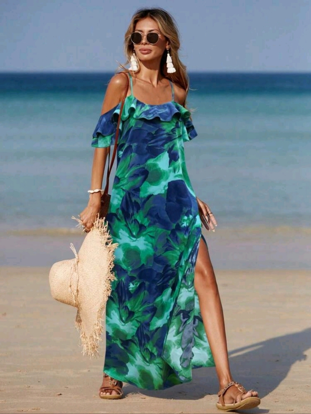 Green Tropical Maxi Dress | Off Shoulder Ruffle Beach Vacation Resort